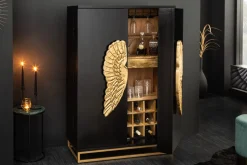 Extravaganter Barschrank ANGEL 140cm schwarz Mangoholz mit goldenen Flügeln