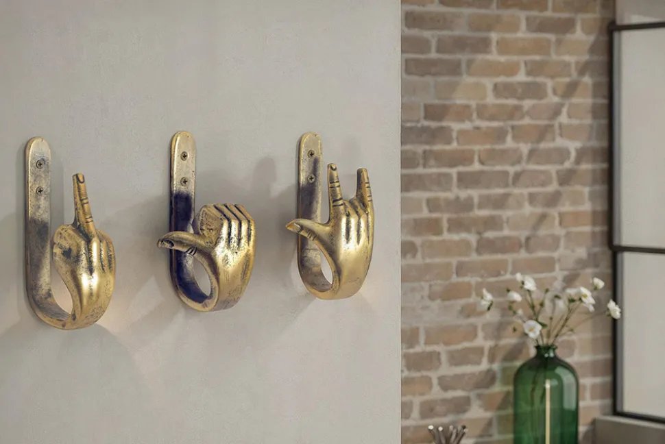 Extravagantes 3er Set Kleiderhaken FINGERS messing Metall-Aluminium Wandgarderobe