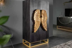 Extravagantes Highboard ANGEL 140cm schwarz Mangoholz mit goldenen Flügeln