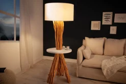 Funktionelle Stehlampe SERVANT 153cm Longan-Massivholz mit Tisch und Leinenschirm