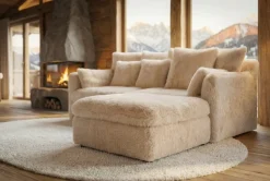 Großer Sitzhocker YETI 100cm beige sand Shaggy-Stoff langfloriger Plüsch Sofahocker