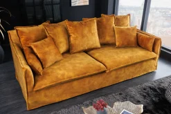 Großes 3-Sitzer Sofa HEAVEN 200cm senfgelb Samt Federkern waschbarer Bezug Hussensofa Couch