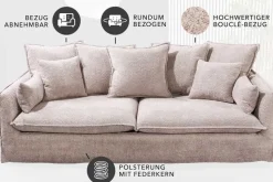 Großes 3-Sitzer Sofa HEAVEN 200cm champagner beige Bouclé Federkern Hussensofa