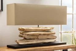Handgearbeitete Tischlampe RIVERINE 80cm beige Treibholzfuß mit Leinenschirm