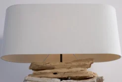 Handgearbeitete Treibholz Lampe RIVERINE 55cm creme Leinenschirm Tischleuchte