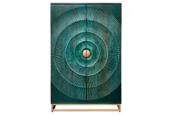Handgearbeiteter Barschrank GOLDEN SUNSET 140cm türkis Mangoholz massiv