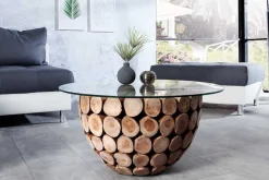 Handgearbeiteter Couchtisch PURE NATURE 70cm Teak Massivholz rund mit Glasplatte