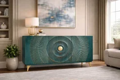 Handgearbeitetes Sideboard GOLDEN SUNSET 140cm türkis mit 3D Schnitzereien gold Mangoholz Metallbeine