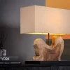 Handgefertigte Tischlampe HYPNOTIC 50cm natur Teakholz beige mit Leinenschirm