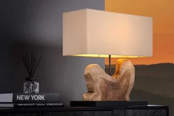 Handgefertigte Tischlampe HYPNOTIC 50cm natur Teakholz beige mit Leinenschirm