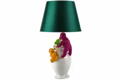 Handgefertigte Tischlampe MONKEY 60cm weiß bunt grüner Stoffschirm Affen-Skulpturen