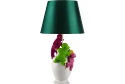 Handgefertigte Tischlampe MONKEY 60cm weiß bunt grüner Stoffschirm Affen-Skulpturen