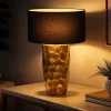 Handgefertigte Tischlampe AURELIA 55cm gold schwarz Hammerschlag-Design mit Stoffschirm