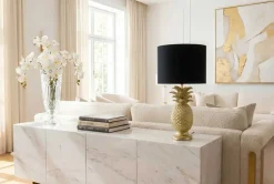 Handgefertigte Tischlampe PINEAPPLE 50cm gold schwarz Ananas-Design mit Stoffschirm