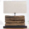 Handgefertigte Tischlampe PERIFERE 40cm beige Treibholz Leinenschirm