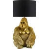 Handgefertigte Tischlampe KING APE 55cm gold schwarzer Stoffschirm Gorilla-Skulptur