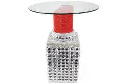Handgefertigter Bistrotisch LIPSTICK 75cm rot silber runde Tischplatte Glas