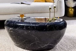 Handgefertigter Couchtisch STONE 75cm schwarz Marmor-Design Metall