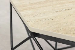 Handgefertigter Couchtisch DIAMOND 70cm beige Travertin schwarz Eisen