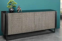 Handgefertigtes Sideboard CROCO 180cm grau schwarz Mangoholz mit 3D Schnitzereien massiv Metall
