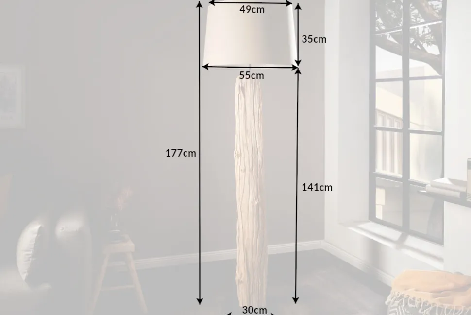 Handmade Stehlampe ROUSILIQUE 180cm beige Treibholzlampe Leinenschirm Baumstamm