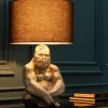 Handmade Tischlampe KONG 60cm silber Metall Affe Gorilla Dekoleuchte schwarzer Lampenschirm