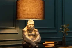 Handmade Tischlampe KONG 60cm silber Metall Affe Gorilla Dekoleuchte schwarzer Lampenschirm