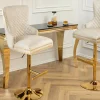 Höhenverstellbarer Barhocker CASTLE DELUXE beige Samt gold Edelstahl mit Löwenkopf