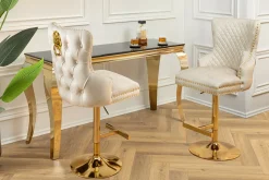 Höhenverstellbarer Barhocker CASTLE DELUXE beige Samt gold Edelstahl mit Löwenkopf