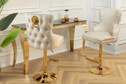 Höhenverstellbarer Barhocker CASTLE DELUXE beige Samt gold Edelstahl mit Löwenkopf