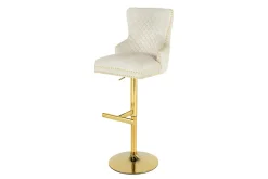Höhenverstellbarer Barhocker CASTLE DELUXE beige Samt gold Edelstahl mit Löwenkopf