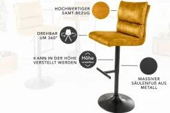 Höhenverstellbarer Barhocker COMFORT senfgelb Samt drehbar mit Lehne Metall schwarz