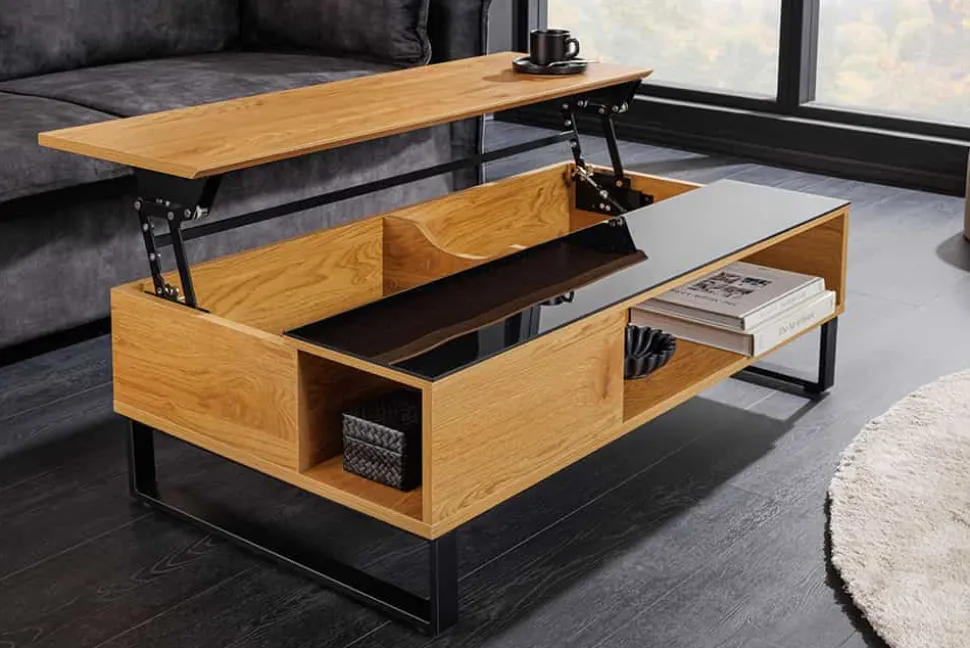 Höhenverstellbarer Couchtisch APARTMENT 110cm natur Eiche schwarz Metall Stauraum