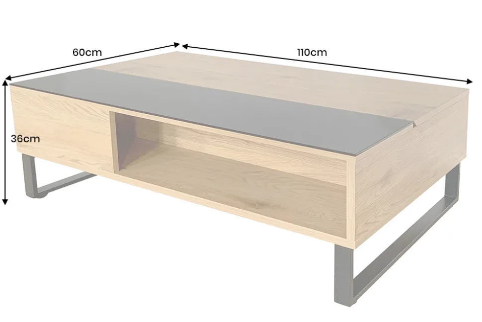 Höhenverstellbarer Couchtisch APARTMENT 110cm natur Eiche schwarz Metall Stauraum