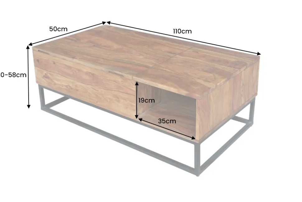 Höhenverstellbarer Couchtisch MAKASSAR FUNCTION 110cm braun Sheesham Massivholz stone finish