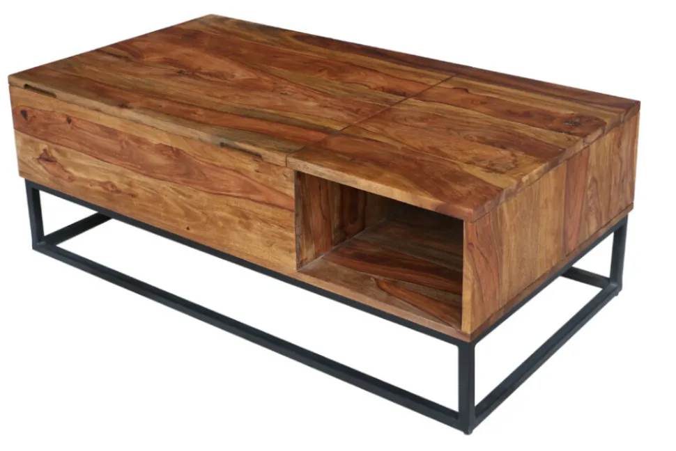 Höhenverstellbarer Couchtisch MAKASSAR FUNCTION 110cm braun Sheesham Massivholz stone finish