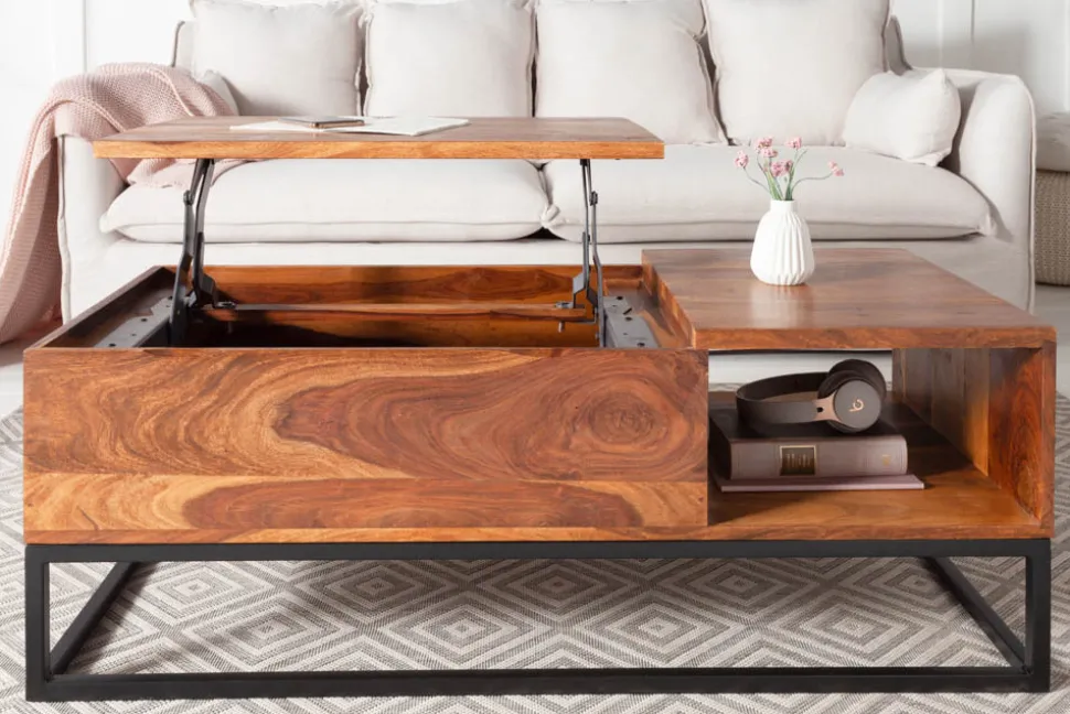 Höhenverstellbarer Couchtisch MAKASSAR FUNCTION 110cm braun Sheesham Massivholz stone finish