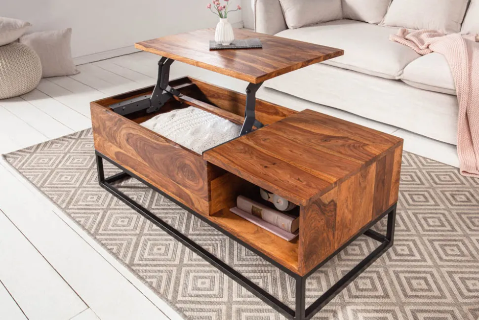 Höhenverstellbarer Couchtisch MAKASSAR FUNCTION 110cm braun Sheesham Massivholz stone finish