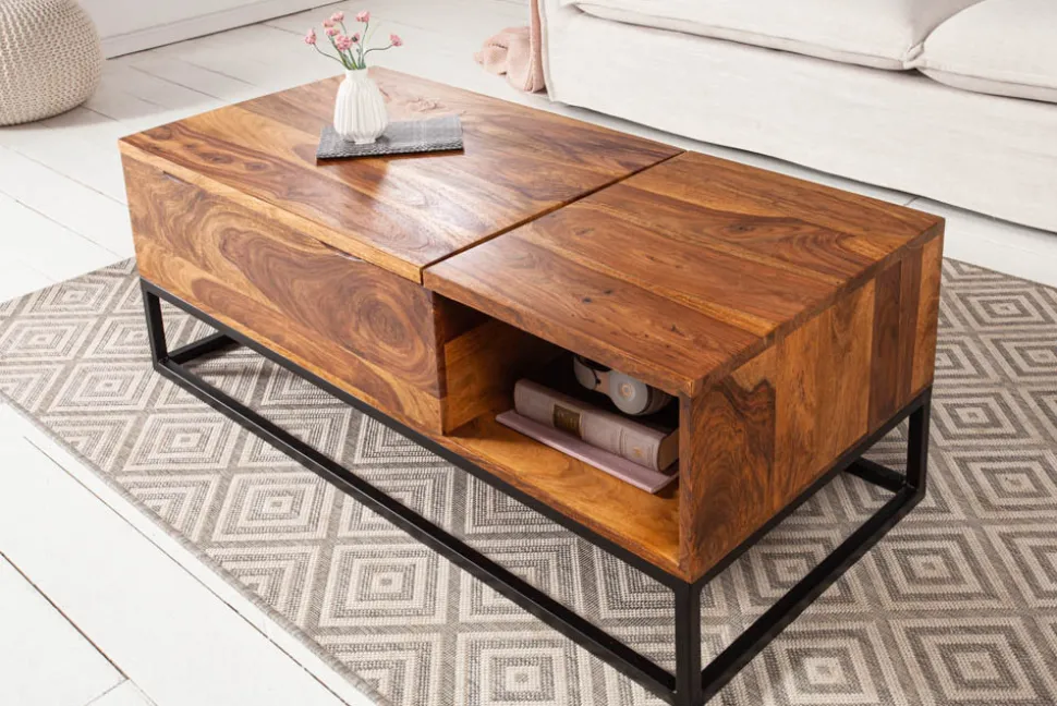 Höhenverstellbarer Couchtisch MAKASSAR FUNCTION 110cm braun Sheesham Massivholz stone finish