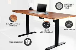 Höhenverstellbarer Schreibtisch MAMMUT 180cm Akazie Massivholz Baumkante handmade