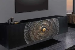 Hängendes Sideboard GOLDEN SUNSET 180cm schwarz mit 3D Schnitzereien gold massiv Mangoholz handmade