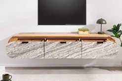 Hängendes TV-Board ORGANIC 160cm natur Akazie schwarz weiß Steinfurnier Schubladen