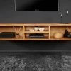 Hängendes TV-Lowboard AMAZONAS 160cm natur Akazie Massivholz Baumkante Metall schwarz