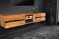 Hängendes TV-Lowboard AMAZONAS 160cm natur Akazie Massivholz Baumkante Metall schwarz