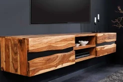 Hängendes TV-Lowboard AMAZONAS 160cm braun Sheesham Massivholz Baumkante Metall schwarz