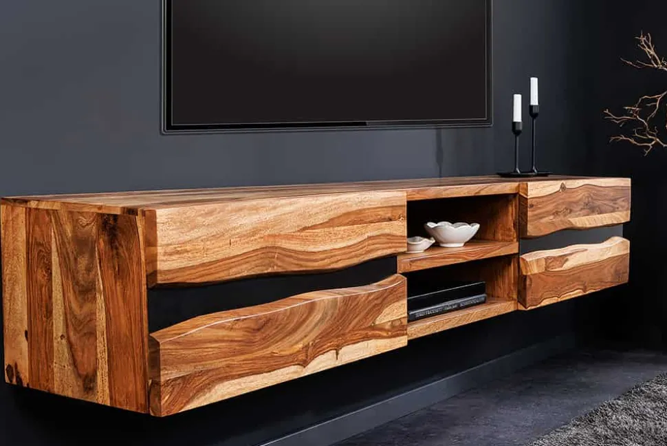 Hängendes TV-Lowboard AMAZONAS 160cm braun Sheesham Massivholz Baumkante Metall schwarz