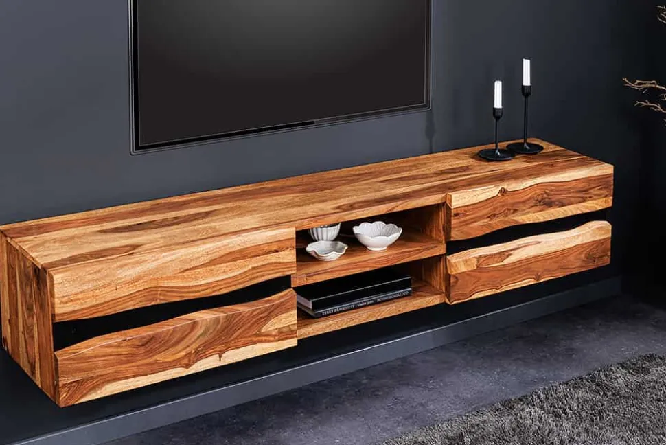 Hängendes TV-Lowboard AMAZONAS 160cm braun Sheesham Massivholz Baumkante Metall schwarz