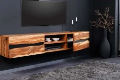 Hängendes TV-Lowboard AMAZONAS 160cm braun Sheesham Massivholz Baumkante Metall schwarz