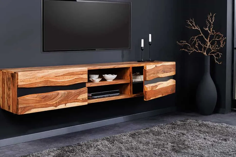 Hängendes TV-Lowboard AMAZONAS 160cm braun Sheesham Massivholz Baumkante Metall schwarz