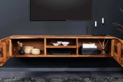 Hängendes TV-Lowboard AMAZONAS 160cm braun Sheesham Massivholz Baumkante Metall schwarz